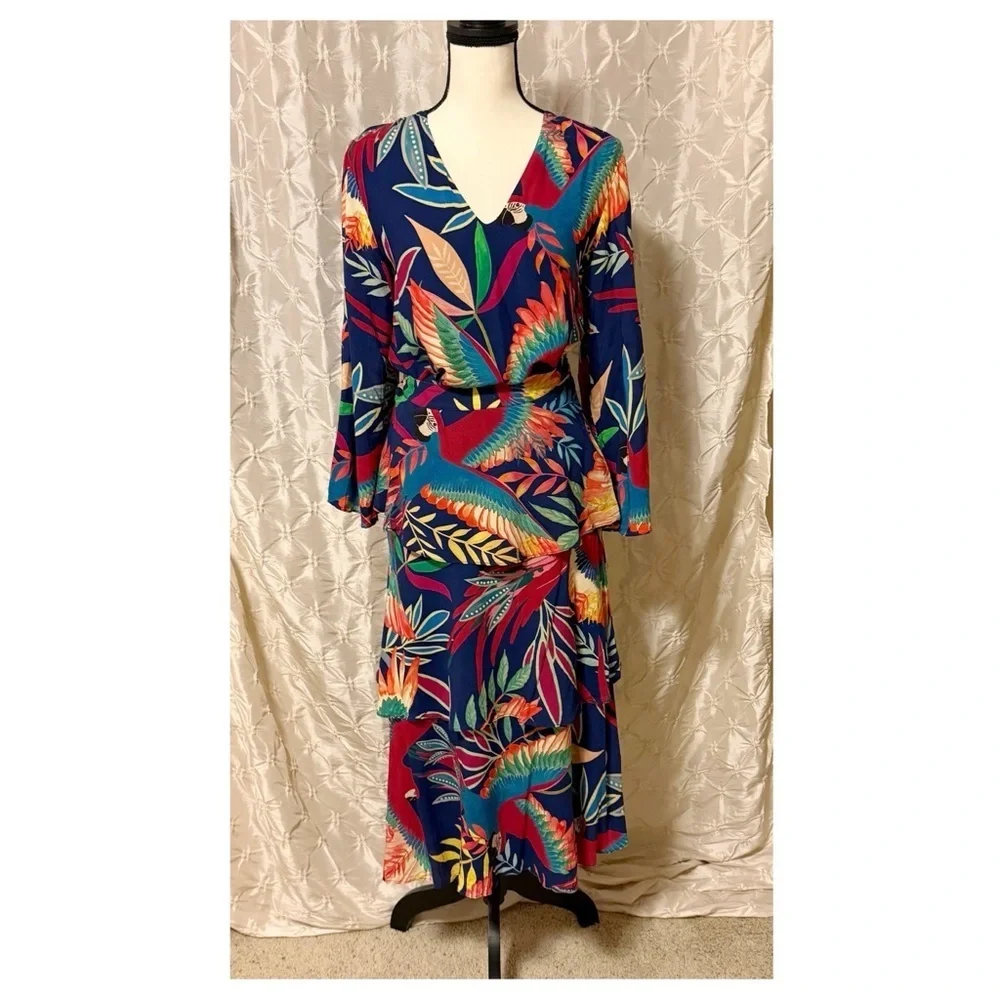 Farm Rio Fatima Tiered Midi Skirt Blue Tropical Bird Floral Print Ruffle
